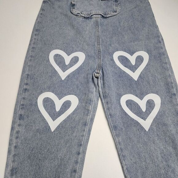 Girls Printed Hearts Blue Denim Jean Overall Pants NEW Size 6-7 - Picture 3 of 8